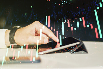 Poster - Multi exposure of abstract creative financial graph with finger presses on a digital tablet on background, forex and investment concept