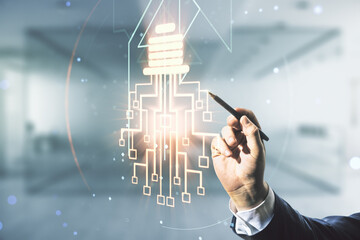 Aufkleber - Double exposure of male hand with pen draws virtual creative light bulb hologram with chip on blurred office background, idea and brainstorming concept