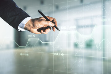 Aufkleber - Double exposure of male hand with pen working with abstract creative statistics data hologram on blurred office background, analytics and forecasting concept