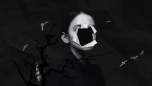 Collage, Zine Art, Illustration Of Depression. Portrait Of A Sad Girl With A Paper Hole On Her Face. Black And White Image, Negative Emotions Of A Woman. The Female Is Experiencing Loneliness, Stress