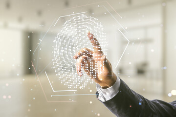 Aufkleber - Man hand working with abstract virtual fingerprint hologram on blurred office background. Multiexposure