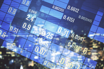 Poster - Multi exposure of abstract statistics data hologram interface on blurry office buildings background, computing and analytics concept