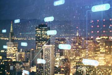 Poster - Abstract virtual coding concept on San Francisco skyline background. Multiexposure