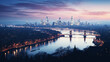 Panoramic view of a winter London city skyline at dusk, with the city lights reflecting off the icy surfaces and creating a magical