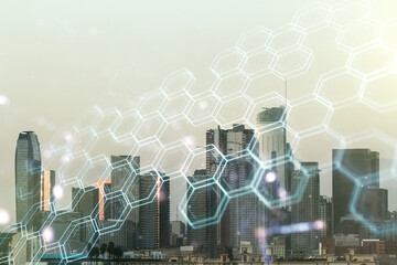 Poster - Double exposure of abstract virtual technology hologram with hexagon on Los Angeles city skyscrapers background. Research and development software concept