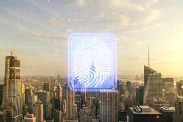 Poster - Abstract virtual fingerprint hologram on New York city skyline background. Multiexposure