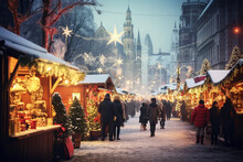 Winter Market On A City Square, Selling Seasonal Goods, Historical Architecture Covered In A Blanket Of Snow