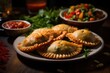 vegan argentinian empanadas with vegetables and rucola with sauce. Latin American hispanic cuisine.	