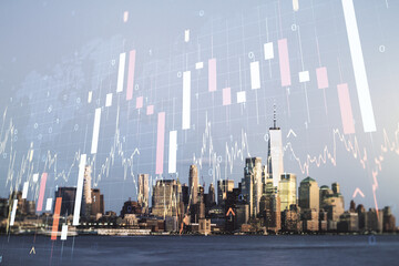 Poster - Multi exposure of virtual abstract financial graph hologram and world map on Manhattan cityscape background, financial and trading concept