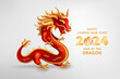 Dragon is a symbol of the 2024 Chinese New Year. Realistic 3d figure of red-golden Dragon isolated on a white background. Holiday vector illustration of Zodiac Sign Long Dragon