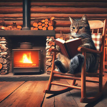 A Cat Sits By The Fireplace, Engrossed In A Book.