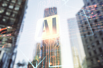 Poster - Double exposure of creative artificial Intelligence icon on modern skyscrapers background. Neural networks and machine learning concept