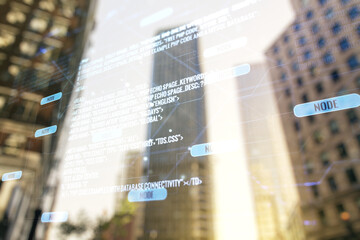 Poster - Double exposure of abstract creative programming illustration on blurry cityscape background, big data and blockchain concept