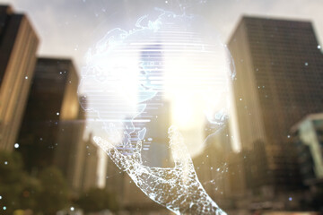 Poster - Abstract creative world map interface on office buildings background, international trading concept. Multiexposure