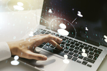 Poster - Double exposure of social network icons concept with hand typing on computer keyboard on background. Networking concept