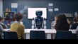 AI teacher robot instructs students at the chalkboard at school class or university, illustrating the concept of artificial intelligence. Debate arises about futuristic robots replacing human jobs.