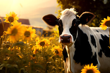 Fototapete - cow with flowers on background