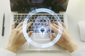 Aufkleber - Creative lock illustration with microcircuit and hands typing on computer keyboard on background, cyber security concept. Multiexposure