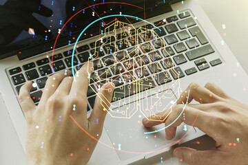Poster - Double exposure of creative artificial Intelligence symbol with hands typing on laptop on background. Neural networks and machine learning concept