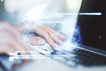Poster - Multi exposure of abstract programming language hologram with world map and hands typing on computer keyboard on background, artificial intelligence and neural networks concept