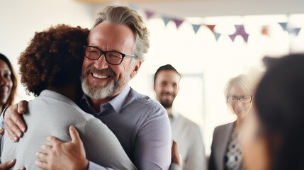 Positive people hug giving support to friends at group therapy meeting. Family members embrace gathering for holiday event at home. True emotions of bonding after collective psychotherapy