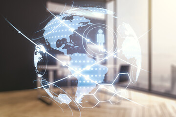 Aufkleber - Social network media concept with world map and modern desktop with pc on background. Double exposure