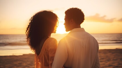 Wall Mural - Back view portrait of a black happy couple with sunset on the beach as a background with space for text, background image, AI generated