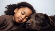 Portrait of a black toddler girl sleeps with her brown dog against white background with space for text, background image, AI generated