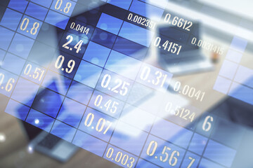 Aufkleber - Multi exposure of abstract graphic data spreadsheet sketch and modern desktop with pc on background, analytics and analysis concept