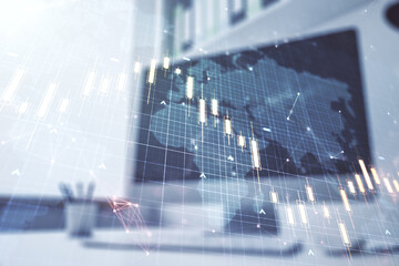 Aufkleber - double exposure of abstract creative financial chart with world map and modern desktop with laptop o