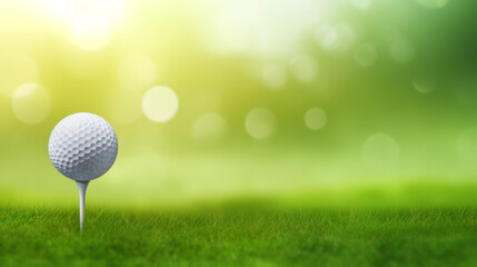 Wall Mural - Detail of golf ball on white tee, green grass, green bokeh background