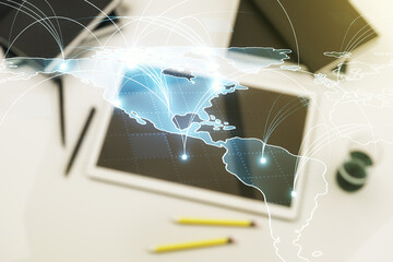 Poster - Double exposure of abstract digital world map with connections and modern digital tablet on background, big data and blockchain concept