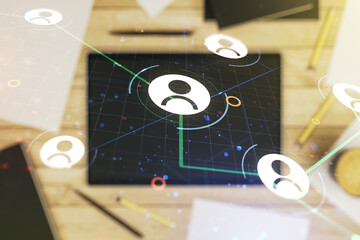Aufkleber - Double exposure of social network icons concept and modern digital tablet on background. Networking concept