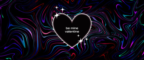 Poster - Digital Valentine Day glowing heart frame, retro y2k blinks and abstract liquid dark background. Vector banner, horizontal poster, greeting.