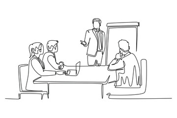 Wall Mural - Continuous one line drawing young happy businessman and businesswoman discussing in office meeting room. Business meeting and presentation concept. Single line draw design vector graphic illustration