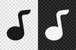 Musical note silhouette icon, vector glyph sign. Musical note symbol isolated on dark and light transparent backgrounds.