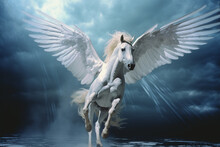 A Pegasus, A Winged Horse With Shimmering, Ethereal Wings, Taking Flight Against A Celestial Backdrop.