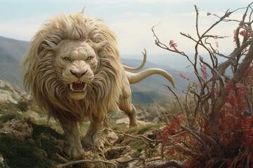 Poster - A Chimera, a hybrid beast with the head of a lion, body of a goat, and tail of a serpent, prowling in a mythical landscape.