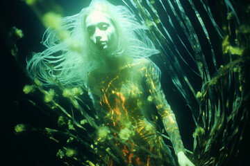 Poster - A Mermaid with a tail adorned with bioluminescent patterns, gracefully swimming in the depths of the ocean.