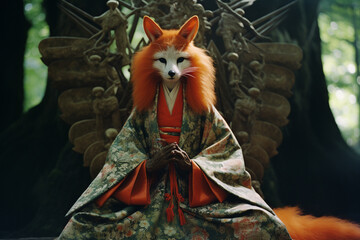 Aufkleber - A Kitsune, a fox spirit with multiple tails, each one representing centuries of age and wisdom.