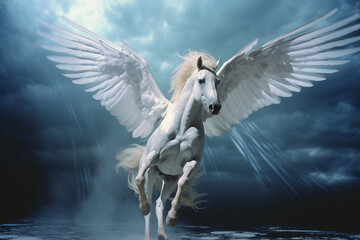 Aufkleber - A Pegasus, a winged horse with shimmering, ethereal wings, taking flight against a celestial backdrop.