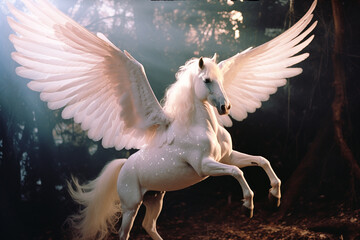 Aufkleber - A Pegasus, a winged horse with shimmering, ethereal wings, taking flight against a celestial backdrop.