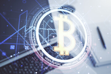 Poster - Double exposure of creative Bitcoin symbol with modern laptop on background. Cryptocurrency concept