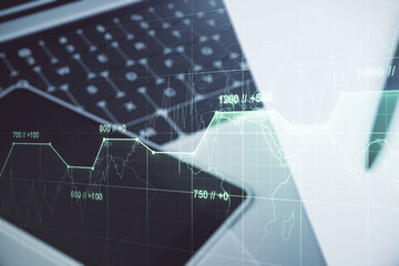 Poster - Multi exposure of creative statistics data hologram on laptop background, stats and analytics concept