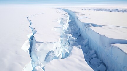 Wall Mural - A wide-angle view of a sprawling Antarctic ice shelf, with visible cracks and fissures in the ice.