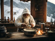 An old man making hot soup in a snowy mountain hut
