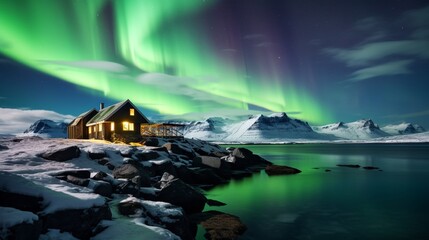 Wall Mural - The breathtaking sight of the Northern Lights dancing over a snow-covered Icelandic landscape, with a traditional turf house in the foreground.