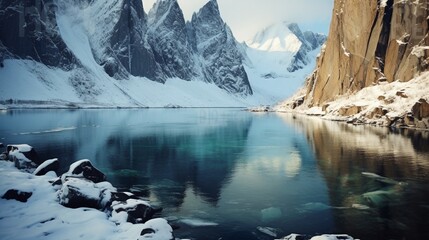 Wall Mural - The crystal-clear waters of an Arctic fjord surrounded by steep snowy cliffs.