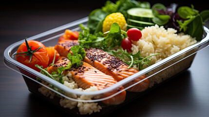 Canvas Print - Lunch box containers with grilled salmon fish fillet, rice and salad,