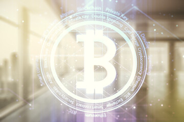 Poster - Virtual Bitcoin sketch on modern interior background. Double exposure